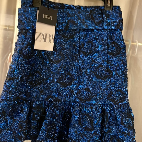 NWT Zara Festive Season Ruffle Metallic Blue On Black Belted Mini Skirt - Picture 7 of 12